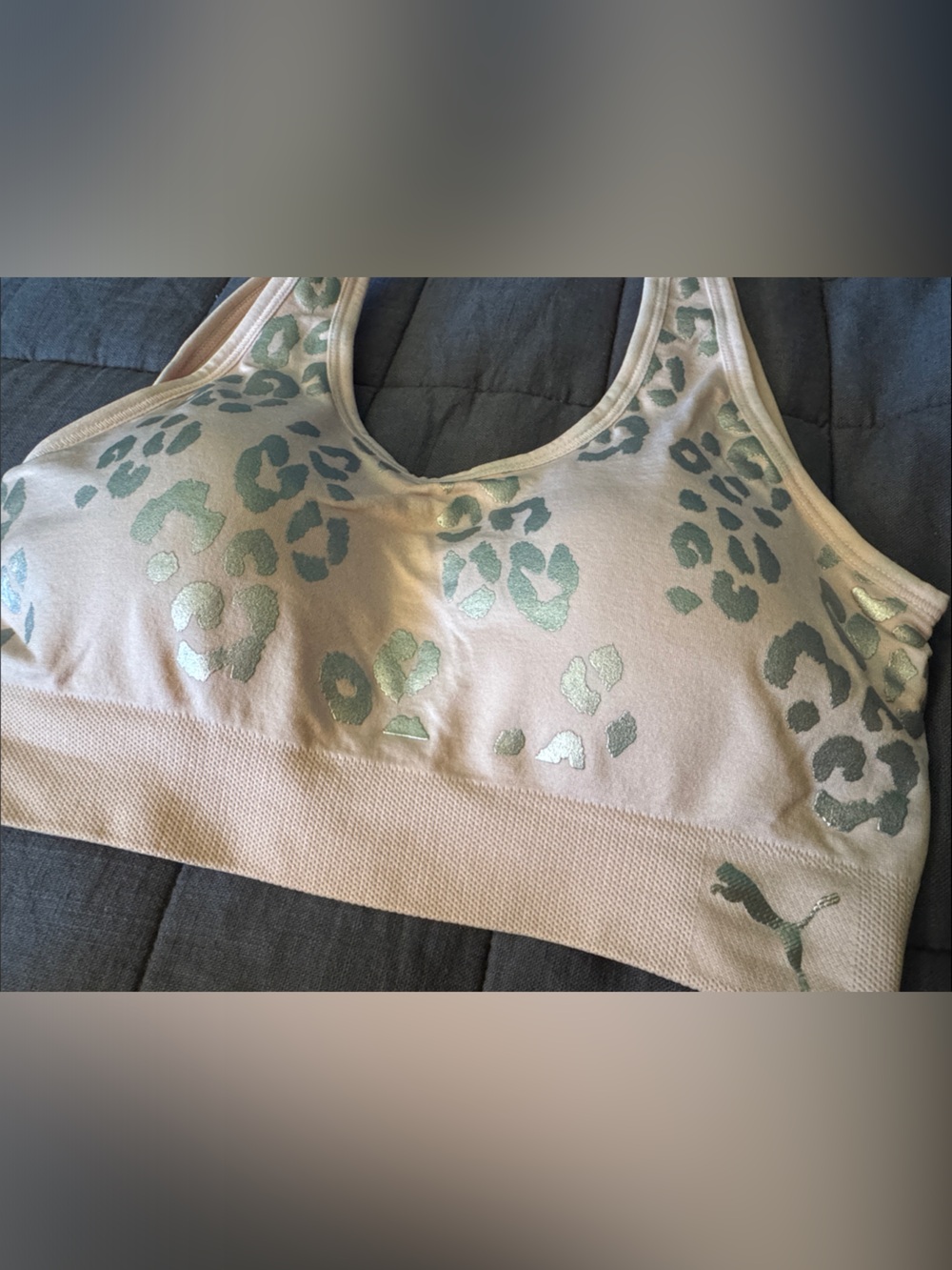 Puma Light Pink Sports Bra with Shimmery Mint Leopard Print